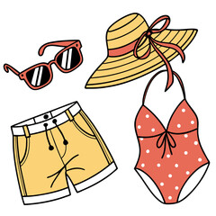 Coral polka dot swimsuit yellow shorts straw hat sunglasses coral swimsuit