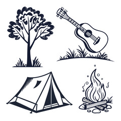 Camping icons tree guitar tent campfire summer