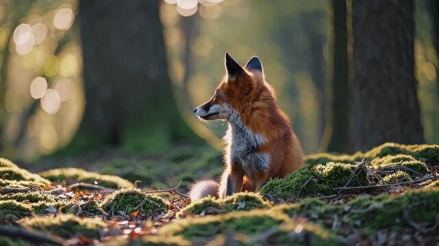 Rotfuchs sitzt auf moosbedecktem Waldboden im Abendlicht