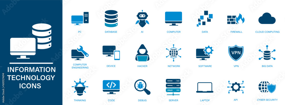 Poster it icons. containing computer, data, ai, software, api, cloud computing, cyber security. solid vecto