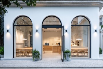 Modern cafe facade, arches, minimalist design