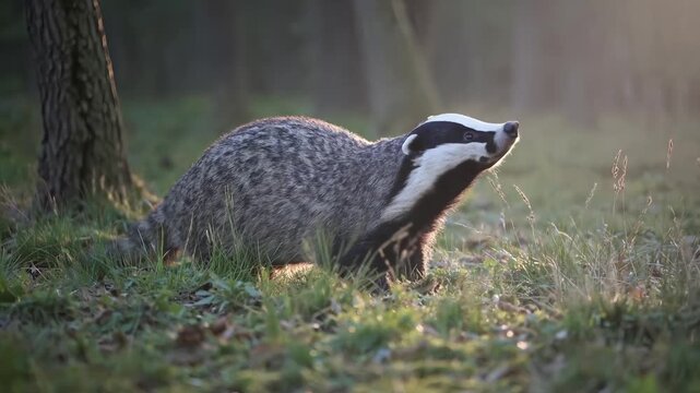 Europ&auml;ischer Dachs schn&uuml;ffelt am Waldboden bei Sonnenuntergang