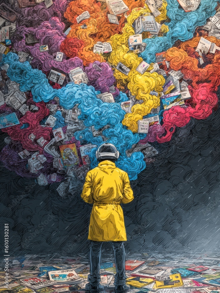 Poster creative chaos evolves into structured brain circuits with vibrant colors and contrasting clean spac