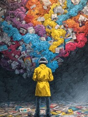 Obraz premium Creative Chaos Evolves Into Structured Brain Circuits With Vibrant Colors and Contrasting Clean Space