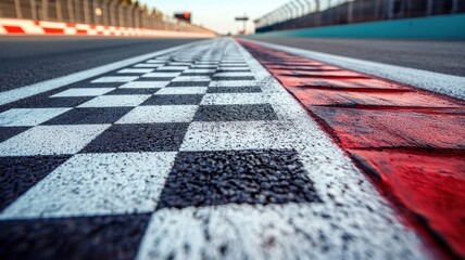A detailed close-up view of a finish line painted on an empty asphalt track, showcasing the checkered pattern and surrounding textured surfaces.