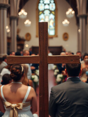 Wedding event in a church the old wooden cross is in a first view and the people are blurred in the background