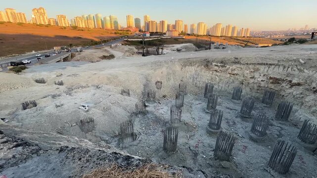 Built foundation on construction area at sunset in Istanbul, Turkey. (4K video)