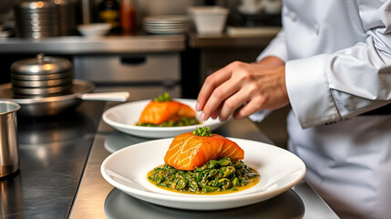 Chef Chef at the pass putting the final touches to a dish of freshly smoked salmon with a spinach flavoured sauce with fried parsley. Colour, vertical format with some copy space. Photographed on loca