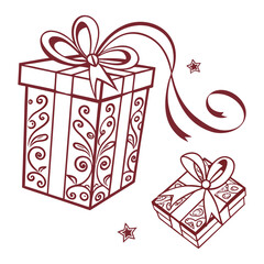 Festive gift boxes with swirling ribbons and stars