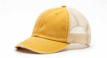 Fototapeta premium Yellow Distressed Baseball Cap with Mesh Back on White