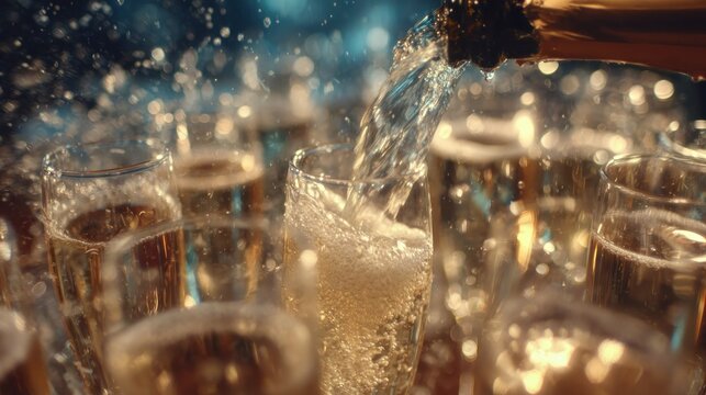 Sparkling champagne pouring into flutes - Powered by Adobe