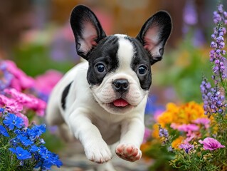 Energetic French Bulldog puppy running through a colorful flower garden, captured mid-motion with bright playful expression and vibrant blossoms