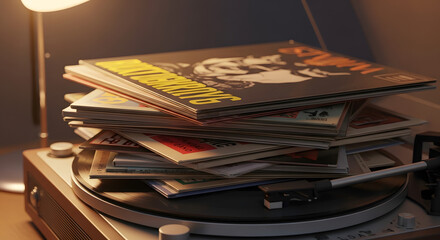 A stack of vintage vinyl records sits on a classic turntable under warm ambient lighting.