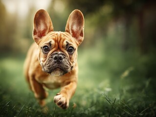 Playful French Bulldog running on lush green grass in a sunlit outdoor park, captured mid-motion with a focused expression and blurred background