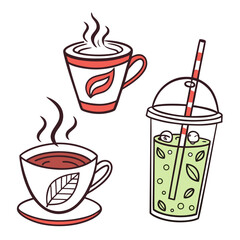 Hot coffee tea and green smoothie drinks with leaves coffee cup tea cup