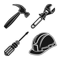 Hammer wrench screwdriver hard hat icons construction
