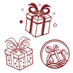 Maroon gift boxes with bows and stars icons present ribbon