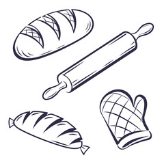 Loaf bread rolling pin oven mitt sausage vector