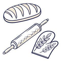 Loaf of bread rolling pin and oven mitts baking