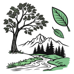 Obraz premium Lush green landscape with flowing river and majestic mountains