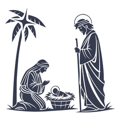 Nativity scene with Mary Joseph and baby Jesus under palm tree christmas