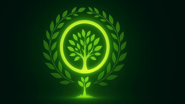 Zero carbon energy source. Glowing green tree logo with laurel wreath and circular frame symbolizing growth and nature on dark background for branding