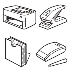 Office equipment icons printer stapler file folder mouse pencil