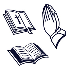 Open bible with cross and praying hands icons religion faith