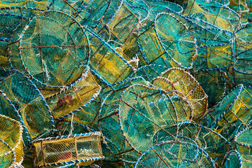 stack of the fishing nets at the fishing village