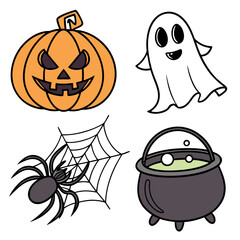 Fototapeta premium Orange pumpkin ghost spider cauldron halloween jack o lantern