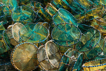 stack of the fishing nets at the fishing village