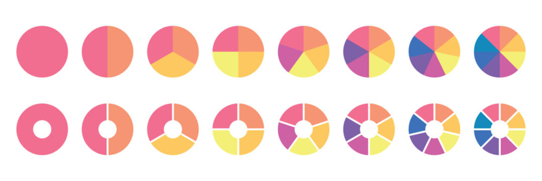 Set of colorful pie charts. Colorful pie charts with varying segments. Circle section graph. Pie chart set. Pie charts diagrams. Different color circles. donut and pie chart infographic elements set.