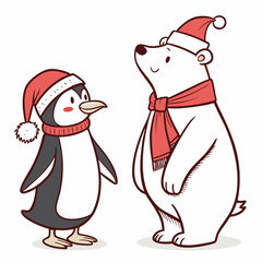 Penguin polar bear christmas characters red hats scarves santa hat scarf