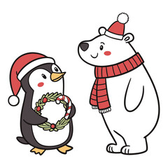 Penguin and polar bear wearing santa hats and scarves christmas scarf