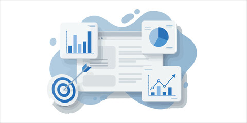 Blue and white illustration of business analytics charts and target with arrow graphs