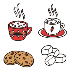 Red and white cups with steam cookies and marshmallows