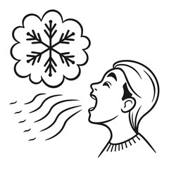 Person exhaling cold air with snowflake breath