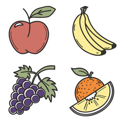 Red apple yellow bananas purple grapes orange slice