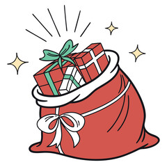 Red sack overflowing with festive gifts presents christmas