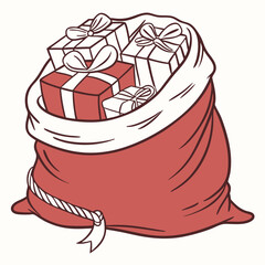 Red sack overflowing with wrapped gifts santa sack