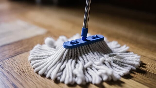 Close-up of a cotton mop cleaning a wood floor with a blue plastic head and chrome handle