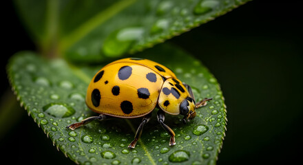 Fototapeta premium Yellow Ladybug with Black Spots Sitting on Wet Green Leaf