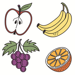 Red apple slice yellow bananas purple grapes orange slice fruit