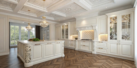 Classic white kitchen with coffered ceiling, ornate cabinetry, and herringbone hardwood flooring.
