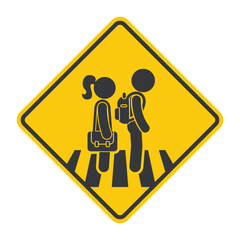 Isolated diamond traffic sign showing school zone warning with student pictogram, used for alert signs to drive slowly and watch for children.