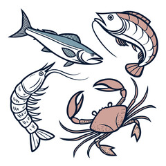 Seafood collection fish crab shrimp oyster vector