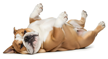 Brown and White Bulldog Lying Upside Down on White Background