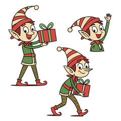Smiling elves holding gifts waving christmas holiday
