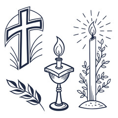 Religious symbols cross chalice candle flame branch vector