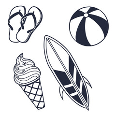 Summer beach icons surfboard flip flops ice cream ball